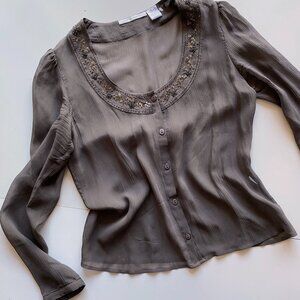 Cote Femme Paris Beaded Embellished Silk Blouse Taupe Gray Button Front Size 6